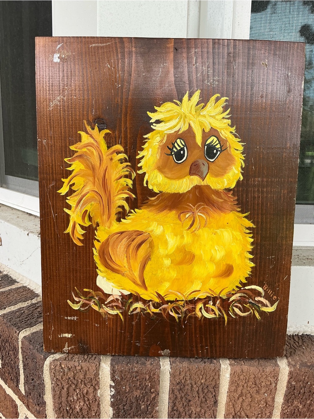Vintage Hand-Painted Yellow Chick Wood Art Panel - Grandmacore 1984